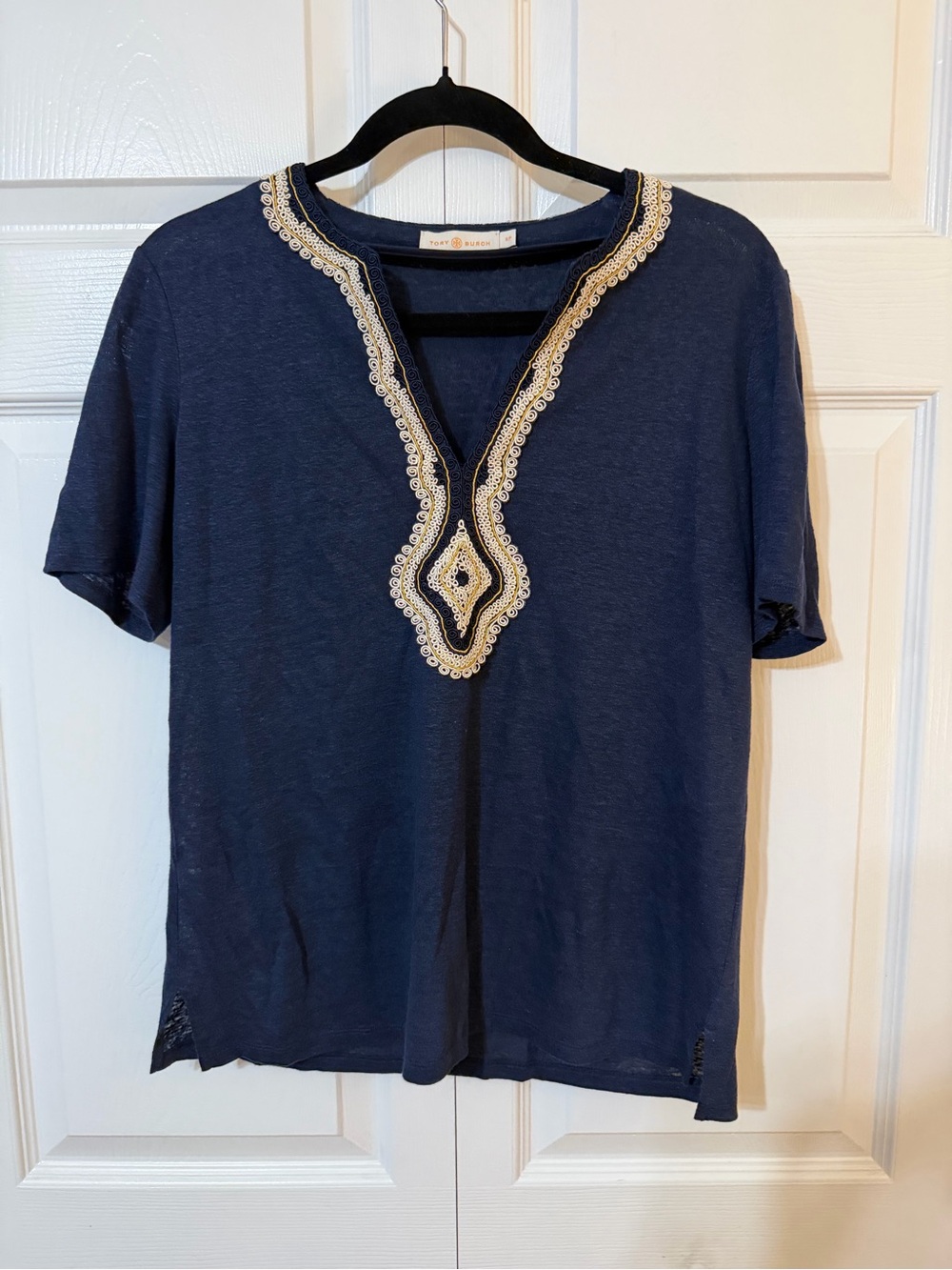 Tory Burch Navy Short-Sleeve Tee with Cream & Gold Embroidery